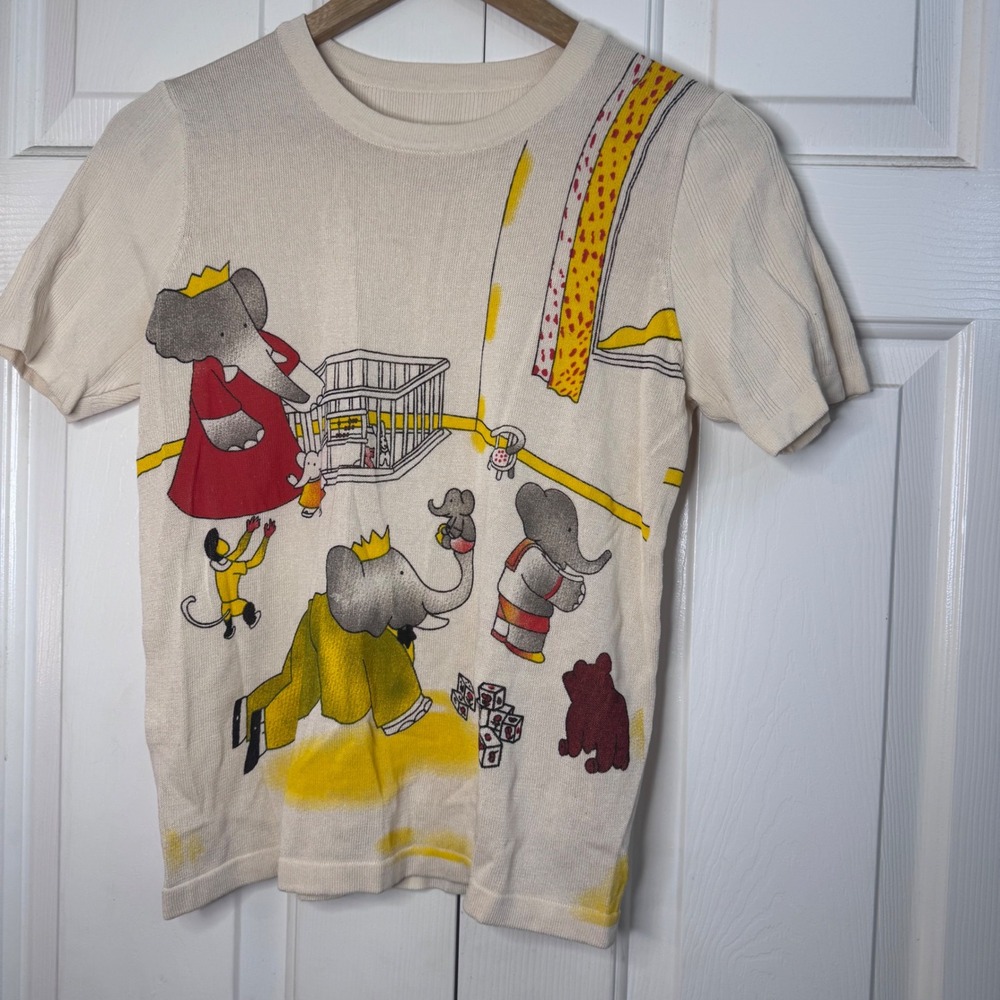 RARE Babar The Elephant‎ Womens Fitted Shirt Sz Large Ribbed Sleeve Back Stretch